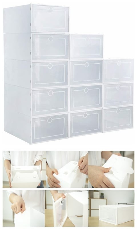 Stackable Plastic Shoe Boxes, Need to Assemble, 34*25*18cm, 6 Pieces, White