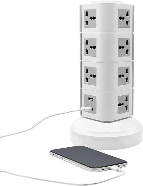 4 Layers Extension Outlet With 2 USB Ports, Universal Vertical Multi Socket, 2.8M Cord and UK-Plug Multi Charging Station (Gray)