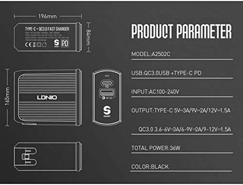 LDNIO A2502C UK Plug QC3.0 USB + Type-C PD Travel USB Charger Adapter with Micro USB Cable