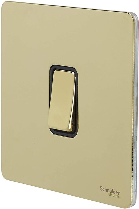 Schneider Electric Ultimate Polished Brass Screwless 10A 1 Gang 2 Way Flat Plate Retractive Bell Switch Black Insert