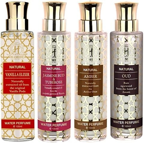 عطر Hamidi Natural Water Perfume 100ml - 4-Pieces Gift Set - للجنسين (Vanilla Elixir، Jasmine Bud & TubeRose، Amber & Oud- Naturals) Non Alcoholic