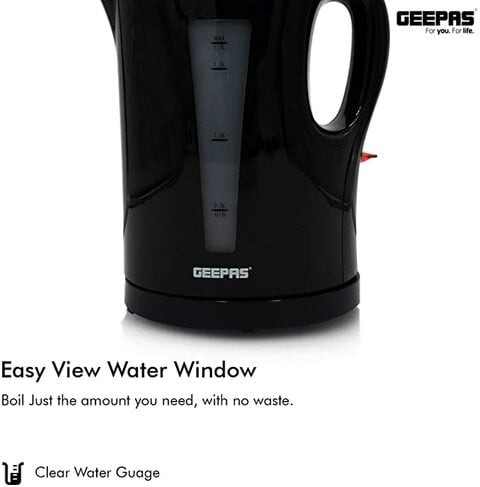 Geepas 1.7L Cordless Electric Kettle | Safety Lock, Boil Dry Protection &amp; Auto Shut Off Feature | Fast Boil &amp; Ease To Clean | Ideal For Hot Water, Tea &amp; Coffee Maker | 2200W - 2 Year Warranty