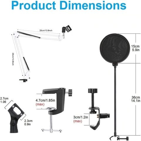 Ewinner Desktop Microphone Suspension Boom Scissor Arm Stand Pop Filter Windscreen Mask Shield Kit For Stages, Recording, Games (White Stand+Filter)