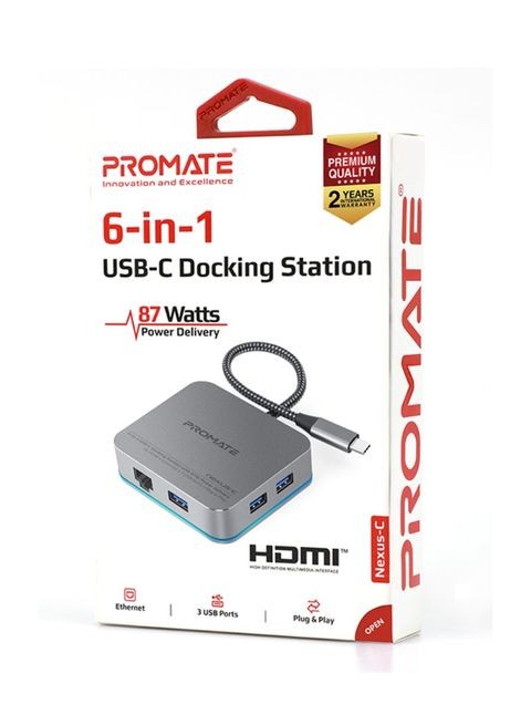 Promate - USB C Hub, 6-In-1 Type-C Adapter with 1000Mbps RJ45 Ethernet, 87W USB Type-C Power Delivery, 4K HDMI Port and 3 USB 3.0 Port