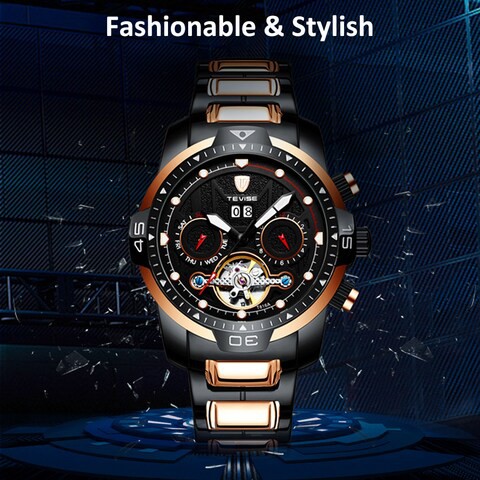 TEVISE-TEVISE T816A Automatic Mechanical Movement Men Watch Self-Winding Manual Winding Wind-Up Skeleton Wrist Watch 3ATM Waterproof Luminous Luxury Business Week Month Calendar Tourbillon Wristwatch for