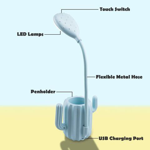 UKPLUS - Desk Lamp USB Rechargeable LED Table Light 3 Level Dimmable Bedside Reading Lamp with Touch Control and Pencil Holder for College Dorm (Blue)