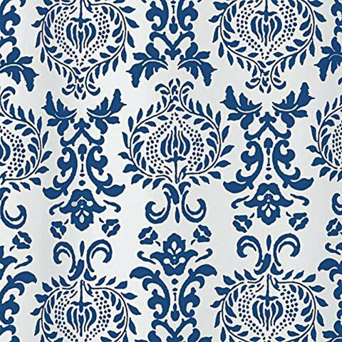 Mdesign Long Decorative Damask Print - Easy Care Fabric Shower Curtain With Reinforced Buttonholes, For Bathroom Showers, Stalls And Bathtubs, Machine Washable - 72&quot; X 84&quot; - Navy Blue/White