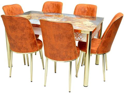 Elegant Dining Table Set, Modern Design 6 Chairs for Dining Room, Lounge, Adjustable Size Table, PU Leather Comfortable Chairs - (Color: Orange/Gold)
