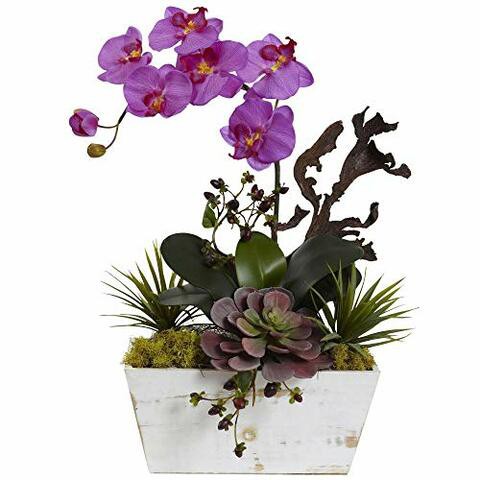 Nearly Natural 1458-OR Orchid &amp; Succulent Garden with White Wash Planter