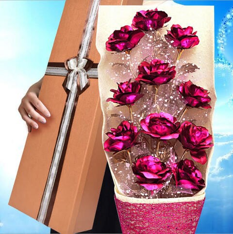Generic - 11pcs 24k Gold Plated Dark Pink Rose With Pink Bouquet