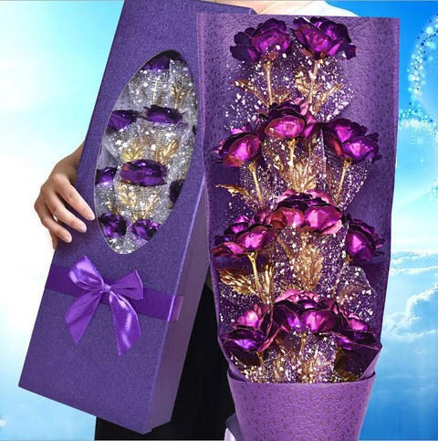 Generic - 11pcs 24k Gold Plated Purple Rose Bouquet