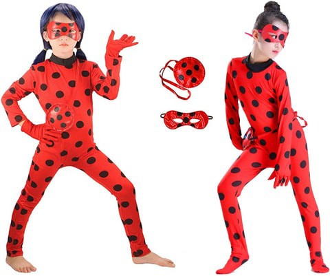 Kid&rsquo;s Beetle Costume Ladybug Black Cat Noir Boy or Girl Cosplay Outfit Clothing with Wig Jumpsuit Halloween Party Masquerade with 3pcs/Set Jewellery (M 7-8Y, LadyBug_Jumpsuit)