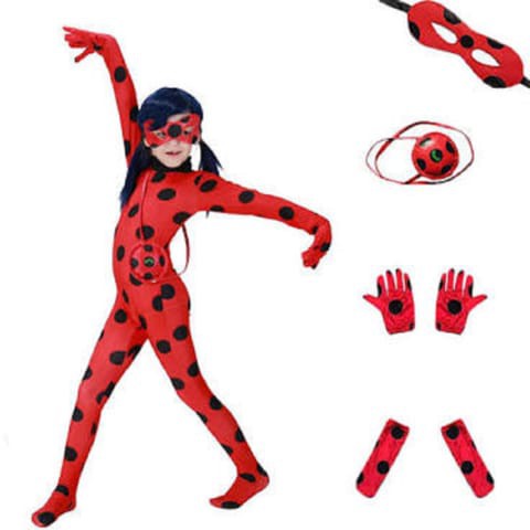 Kid&rsquo;s Beetle Costume Ladybug Black Cat Noir Boy or Girl Cosplay Outfit Clothing with Wig Jumpsuit Halloween Party Masquerade with 3pcs/Set Jewellery (L 9-10Y, Ladybug_Outfit)