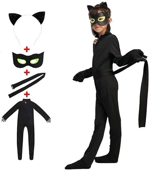 Kid&rsquo;s Beetle Costume Ladybug Black Cat Noir Boy or Girl Cosplay Outfit Clothing with Wig Jumpsuit Halloween Party Masquerade with 3pcs/Set Jewellery (S 5-6Y, Black Cat Noir)