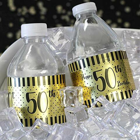 Distinctivs Black And Gold 50Th Birthday Water Bottle Labels - Shiny Foil - 24 Stickers