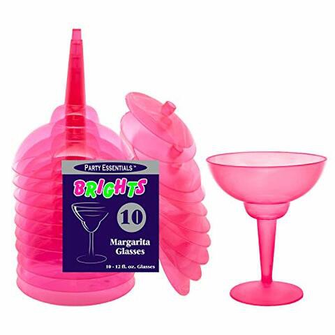 Party Essentials Hard Plastic Two Piece 12-Ounce Margarita Glasses, Neon Pink, 10 Count