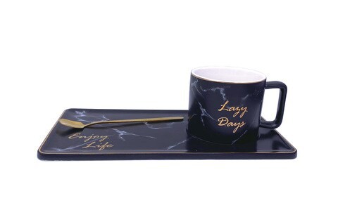 Lazy Days Marble Design Ceramic Coffee Mug Saucer Set with Gold Spoon (Black)