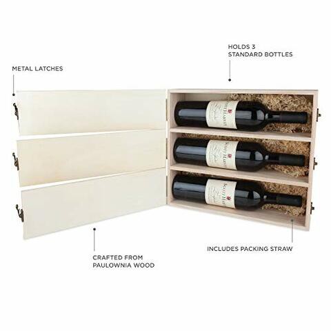 Twine Wedding and Anniversary Gift Wooden Wine Box Three Year Celebration 3 Bottle Holder with Lids and Latches, wood, 27.5x3.0