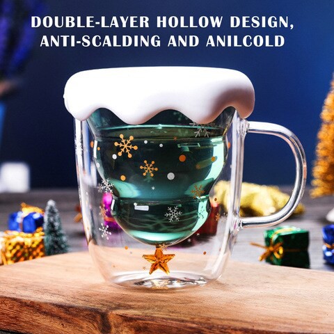 Glass Coffee Mug With Lid And Handle, Christmas Tree Shaped Double Wall Insulated Glass Cups Funny Mugs For Christmas Thanksgiving Valentine&#39;s Day Creative Birthday Gifts