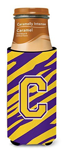 Caroline&#39;s Treasures Monogram - Tiger Stripe - Purple Gold Letter C Ultra Beverage Insulators For Slim Cans