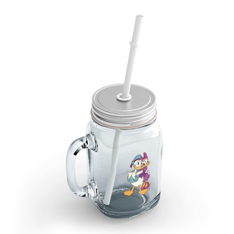 Loud Universe - Glass Mason Jar with Lid and Straw Couple Donald Duck Cute Couple Love Clear Mason Jar Party Giveaways