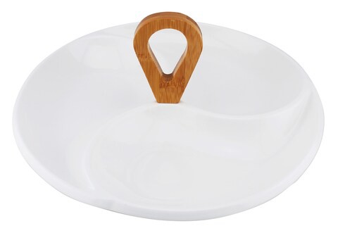 Shallow 29cm Porcelain Round 3-Compartment Serving Plate With Bamboo Handle Jmd305