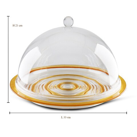 Al Hoora 33*33*H21cm Round Acrylic Cake Serving Clear Tray With Gold Border And Simple Roundknob And Box