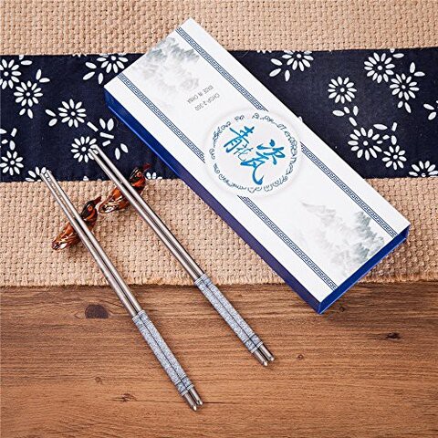 4 (2 pairs) Silver Stainless Steel Chopsticks &amp; Mandarin Duck Holders Set In Gift Box by THY COLLECTIBLES