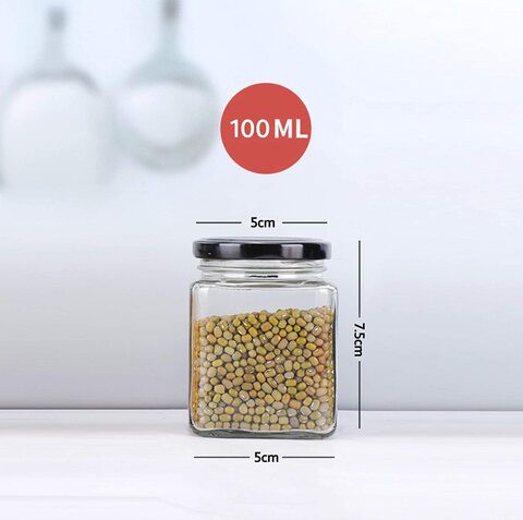 FUFU square jar with black sealed metal regular lid (100ml), sealed transparent glass jar, used as dessert, coffee beans, seasoning, honey, jam, jelly, total 12 jars