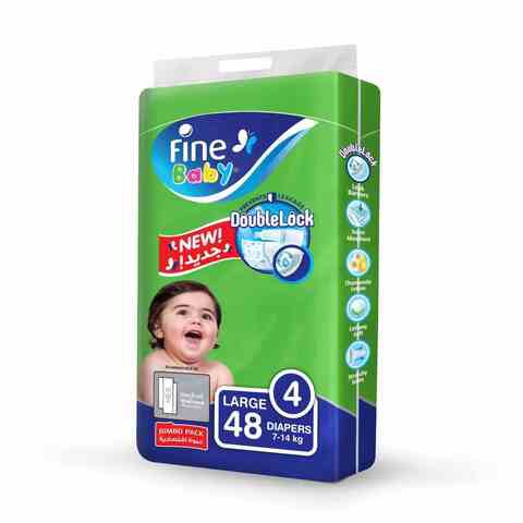 Fine Baby Diapers, DoubleLock Technology, Size 4, Large 7 - 14kg, Jumbo Pack, 48 diaper count