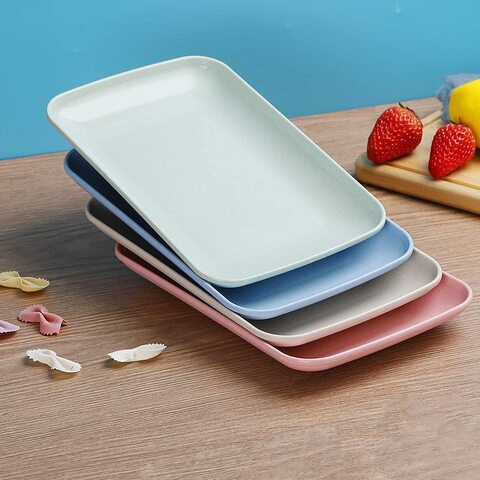 Wheat Straw Plates Lightweight Unbreakable 9.6 Inch Dinner Plates Set Rectangle Microwave Dishwasher Safe Plates for Dessert Salad Snack, 4 Pack