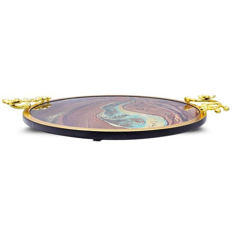 Al Hoora 45Cm Round Wooden Tray With Abstract Pattern &amp; Beautiful Gold Flower Handle