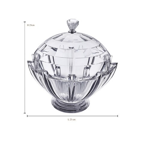 Al Hoora 23*23*H25Cm Round Acrylic Serving Clear Bowl W/ Clear Cover, Dimond Shape Knob And Box