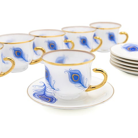 Al Hoora 6 Pieces Coffee Cup &amp; Saucer Set Gold/Blue Floral Design