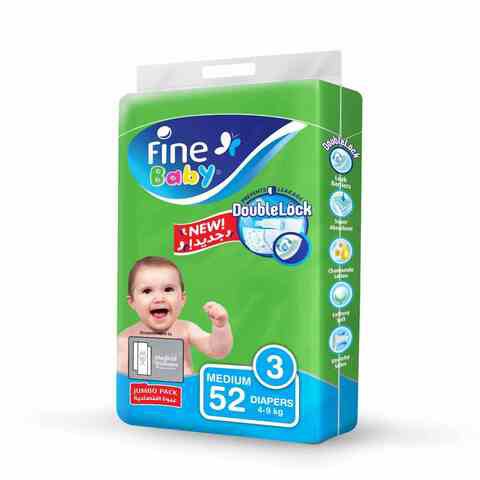 Fine Baby Diapers, DoubleLock Technology , Size 3, Medium 4–9kg, Jumbo Pack, 52 diaper count