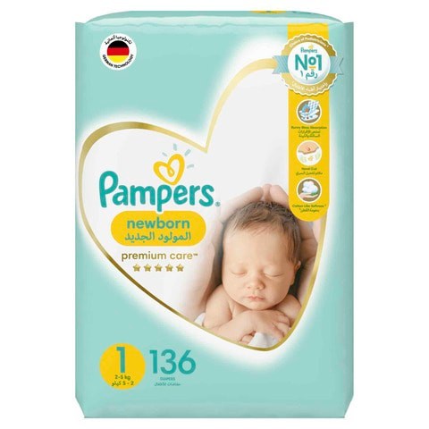 Pampers Premium Care Diapers, Size 1, Newborn, 2-5 kg, The Softest Diaper and the Best Skin Protection, 136 Baby Diapers