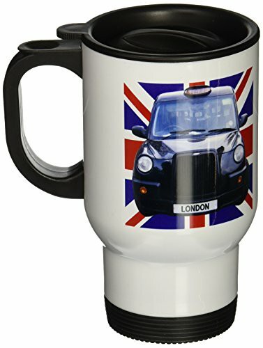 3dRose London Black Taxi Cab, British Union Jack Flag Background, Stainless Steel Travel Mug, 14-Oz