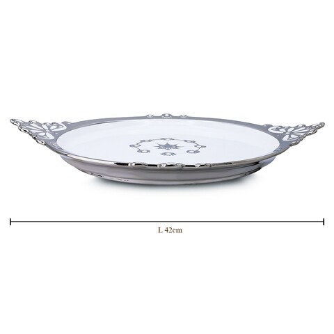 Al Hoora 42*33.5*H3Cm Round White Serving Ceramic Tray W/ Silver Handle Spot Border,Use For Cake, Dessert, Sweets, Sandwich, Snack W/ Beautiful Silver Pattern