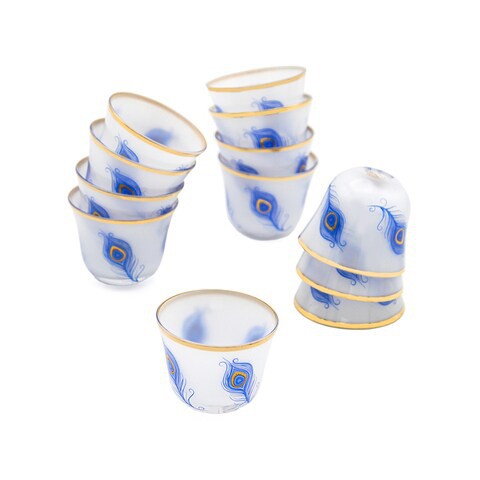 Al Hoora 12 Pieces Cawa Cup Set Gold/Blue Floral Design