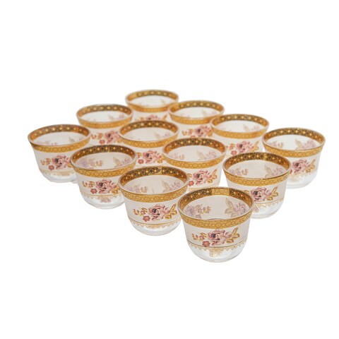 Al Hoora 12 Pieces Cawa Cup Set Clear/Gold Floral Design