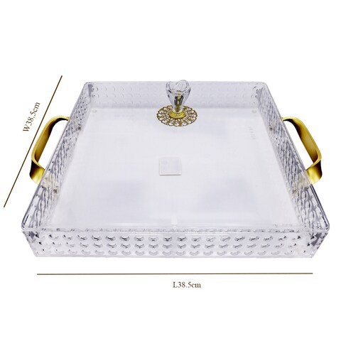 Al Hoora 38.5*32*H13.5Cm Square Acrylic Clear Serving Tray With Gold Handle With Geometric Pattern, Clear Cover, Rose Flower Knob And Color Box