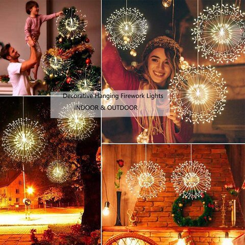 Kjoy 4Pcs Firework Lights LED Hanging Starburst Lights Copper Wire LED Lights, Battery Operated Fairy String Lights With Remote, 8 Modes Dimmable Light For Party, Christmas, Outdoor