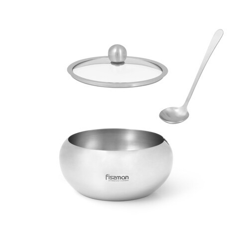 Fissman Sugar Bowl With Glass Lid And Spoon 460 ml Stainless Steel