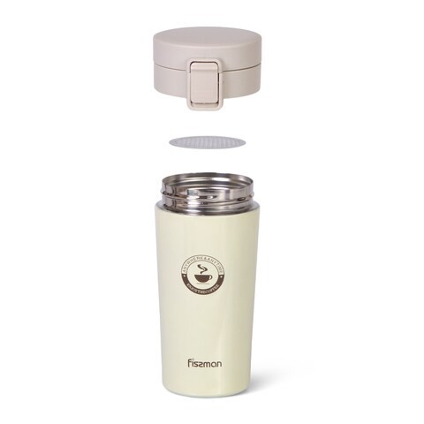 Fissman Travel Mug Double Wall Vacuum With Push Button 320 ml, Ecru Color - Stainless Steel