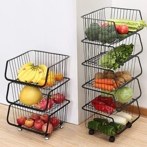 Sszz Stainless Steel Kitchen Rack Metal Utility Shelves, Stackable Vegetable Fruit Baskets Organizer Racks, Floor Multilayer Rolling Cart Storage Racks, White, A