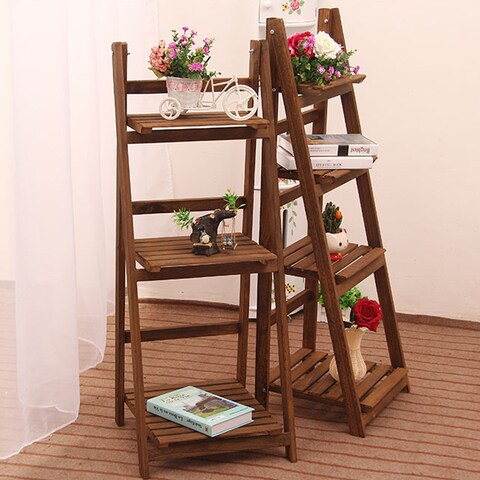 LINGWEI Ladder Design Foldable Wooden Flower Rack Book Shelves Storage Stand Flower Pot Holder For Bedroom Office Restaurants Home Decor 3 floor Brown