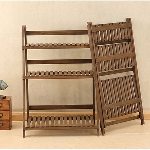 LINGWEI Ladder Design Foldable Wooden Flower Rack Book Shelves Storage Stand Flower Pot Holder 3 floor brown wide stand