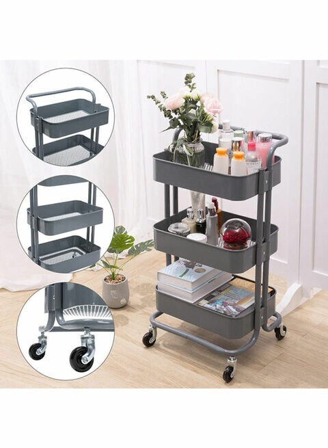 3-Tier Rolling Shelves Metal Cart Organizer Grey 87X37X45centimeter