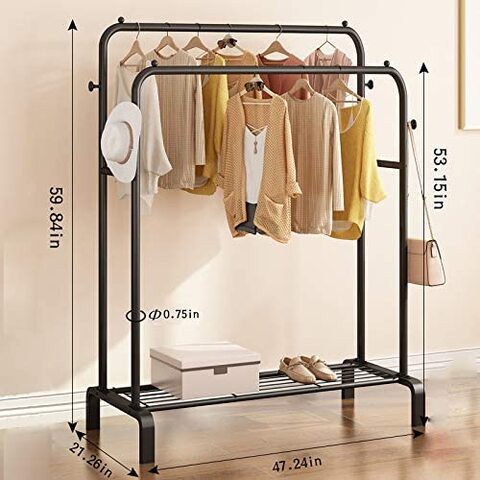 Garment Rack Double Rod Heavy Duty Free-Standing Clothes Rack Multi-Functional Bedroom Hangers Clothing Hanging Stand Organizer Storage Rack with Shoe Shelves, Wheels (48&#39;&#39; Width, Black)