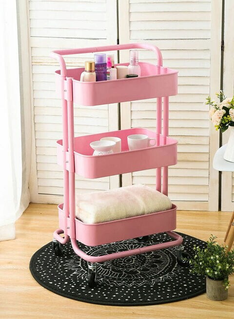 3-Tier Rolling Shelves Metal Cart Organizer Pink 85x45x35centimeter